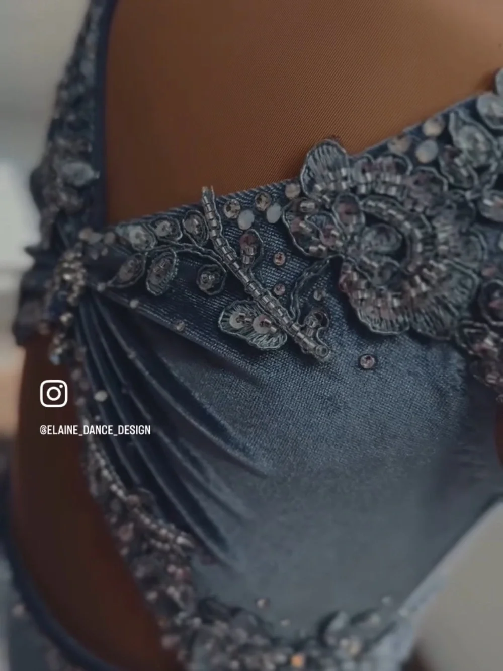 StunningCustom lyrical costume - blue grey velvet with crystal details: